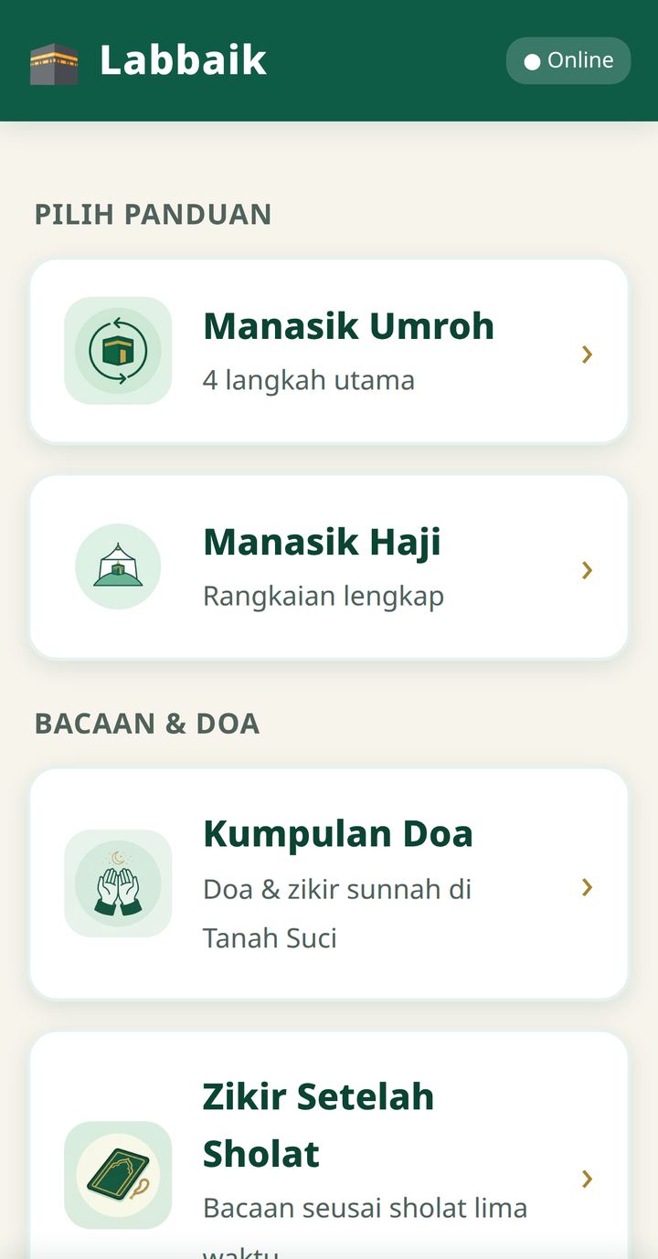 Menu utama aplikasi Labbaik