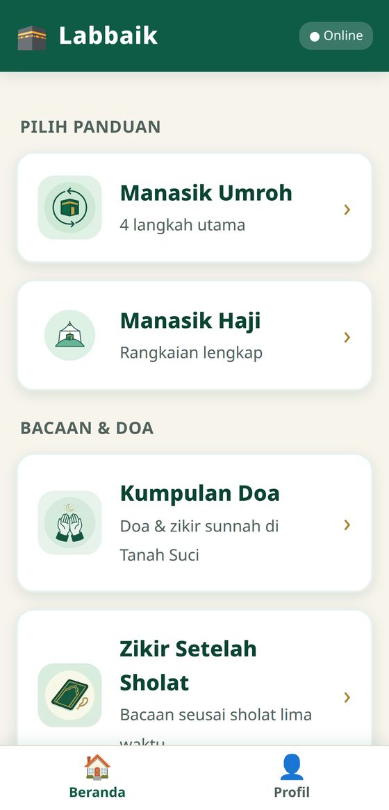 Tangkapan layar aplikasi Labbaik